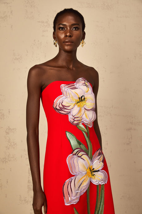 Aurohaya Irène Sequin Embroidered Off-Shoulder Midi Dress in Red