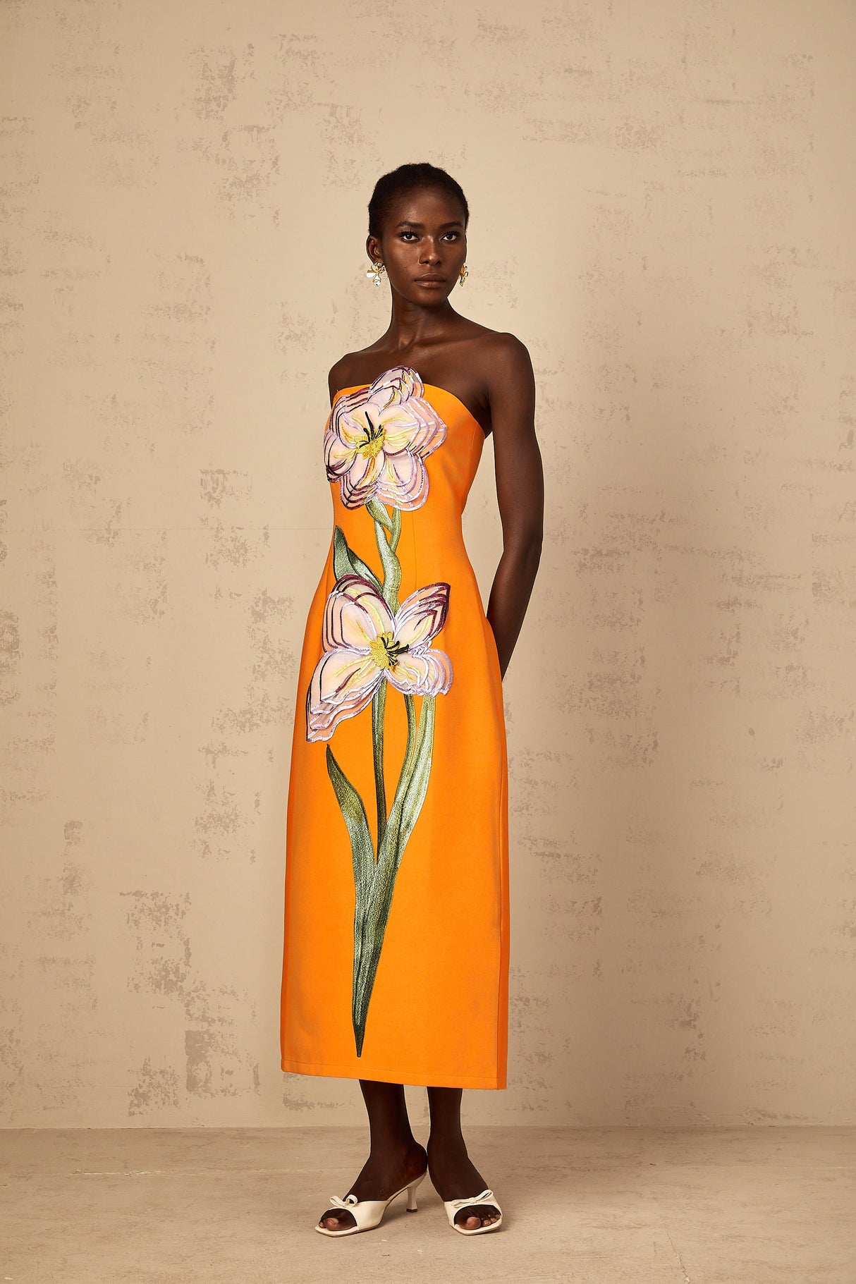 Aurohaya Irène Sequin Embroidered Off-Shoulder Midi Dress in Orange