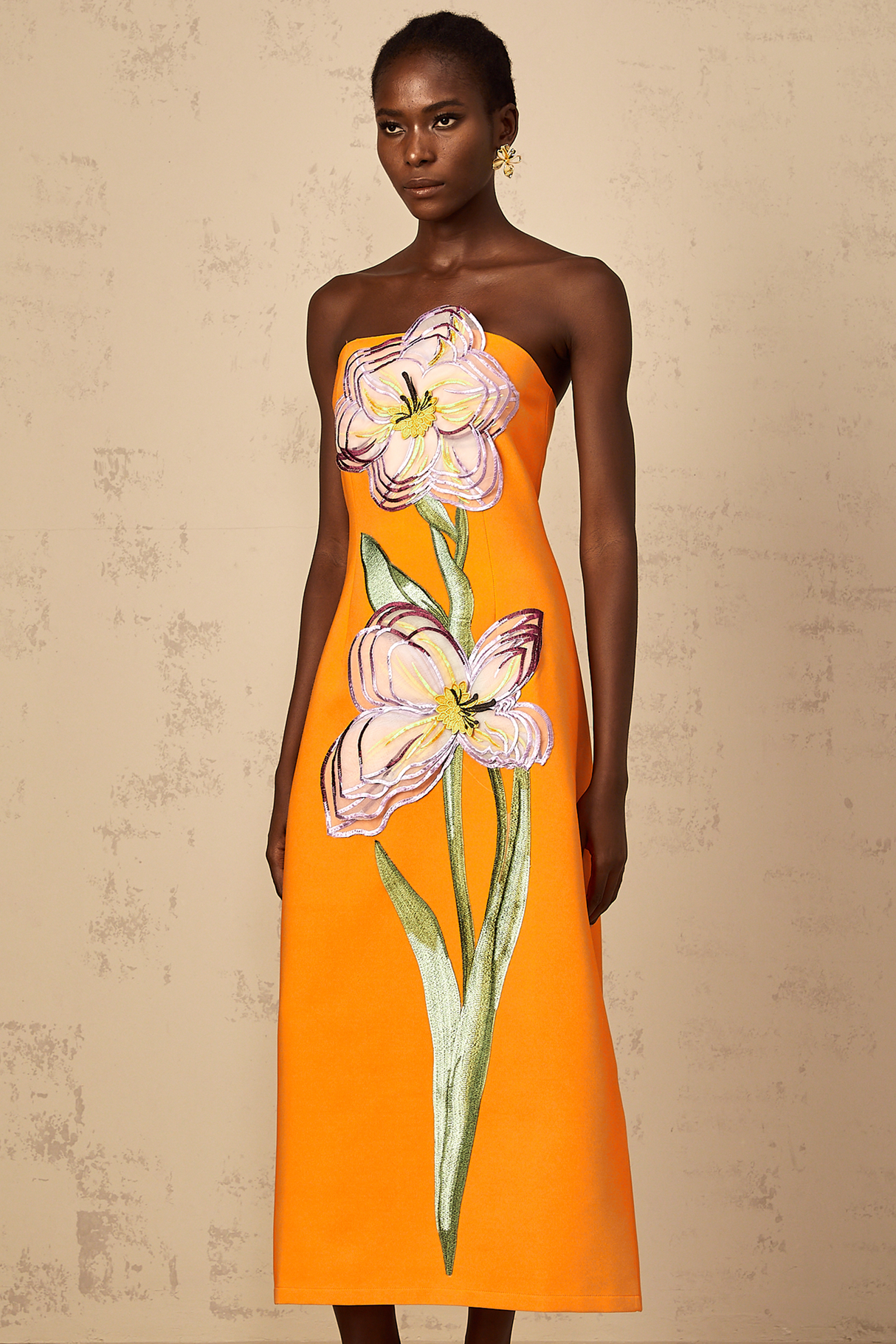 Aurohaya Irène Sequin Embroidered Off-Shoulder Midi Dress in Orange