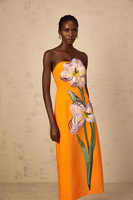 Aurohaya Irène Sequin Embroidered Off-Shoulder Midi Dress in Orange