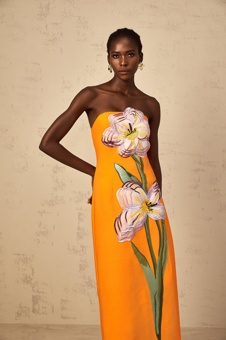 Aurohaya Irène Sequin Embroidered Off-Shoulder Midi Dress in Orange