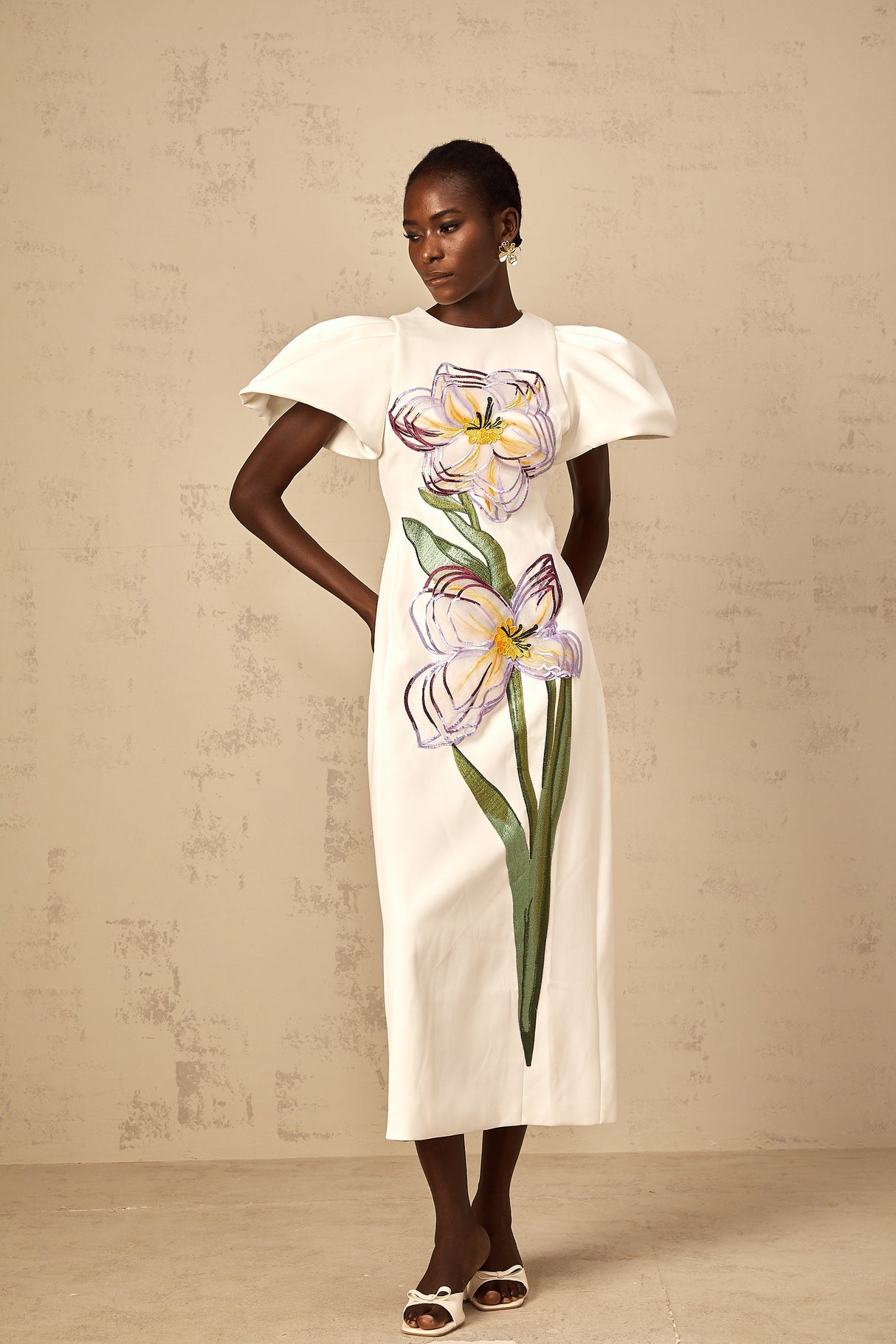 Aurohaya Irène White Sequin Floral Embroidered Midi Dress