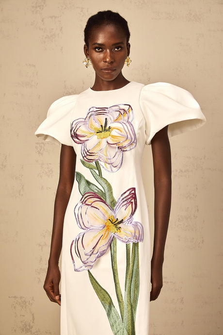 Aurohaya Irène White Sequin Floral Embroidered Midi Dress