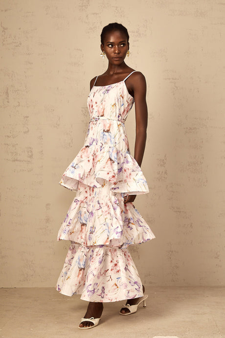 Aurohaya Géraldine White Floral Print Ruffled Tiered Maxi Dress