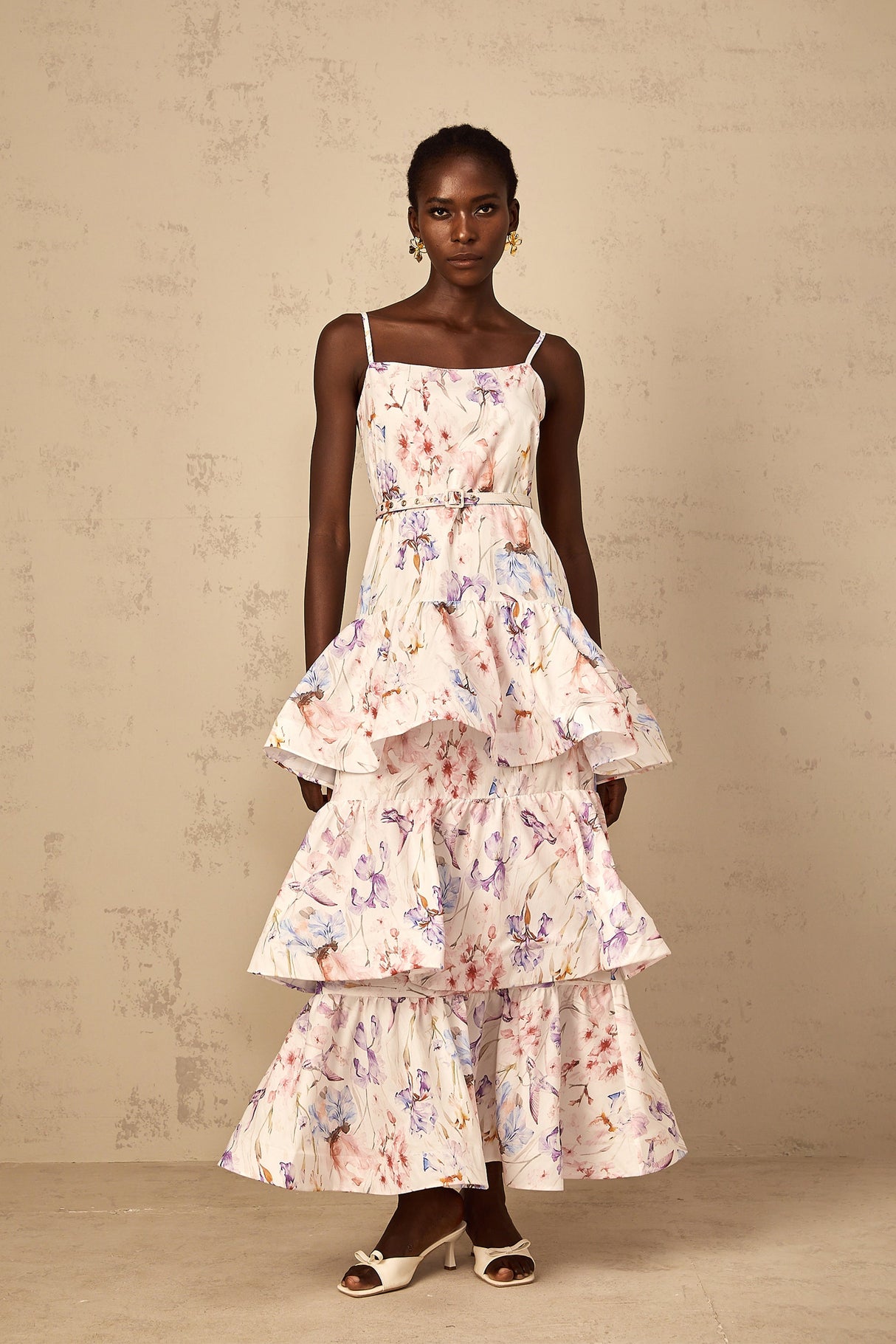 Aurohaya Géraldine White Floral Print Ruffled Tiered Maxi Dress