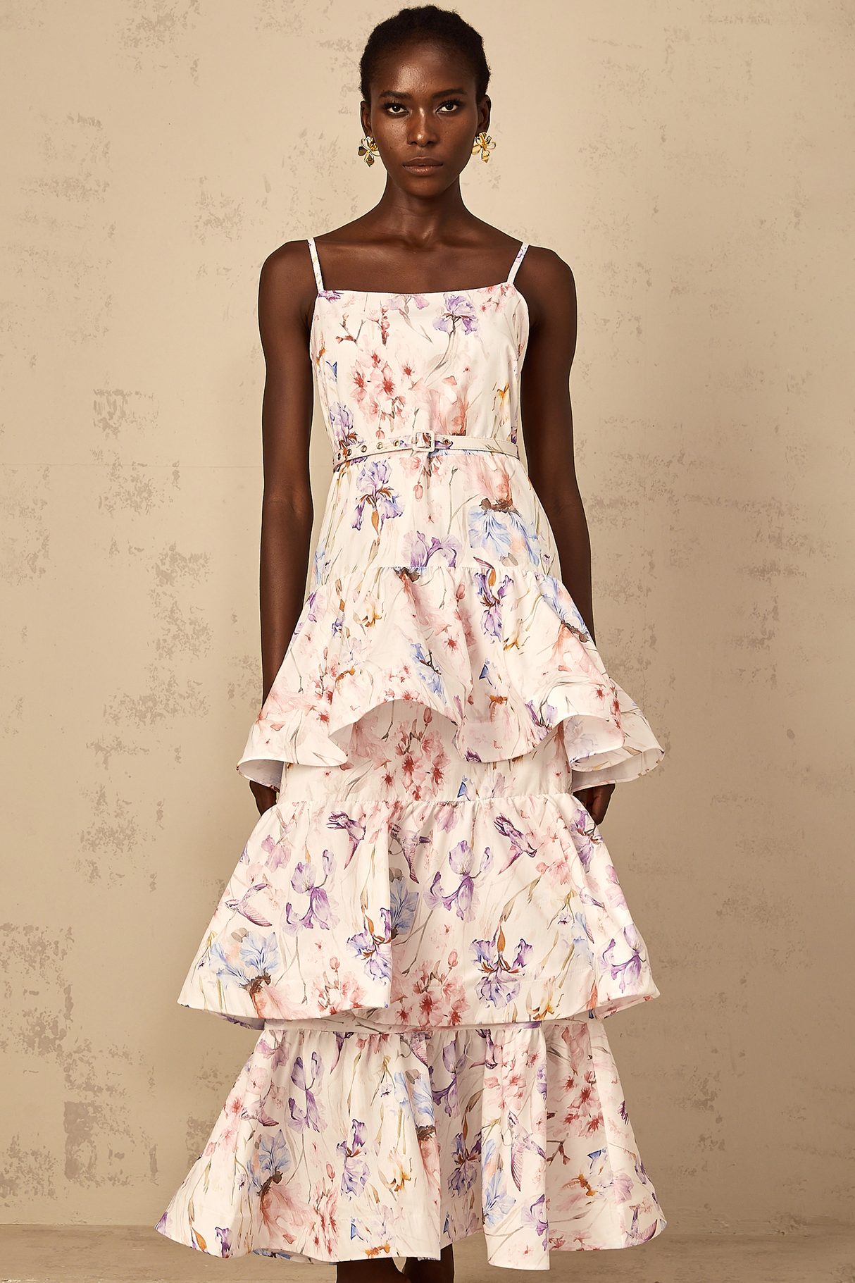 Aurohaya Géraldine White Floral Print Ruffled Tiered Maxi Dress