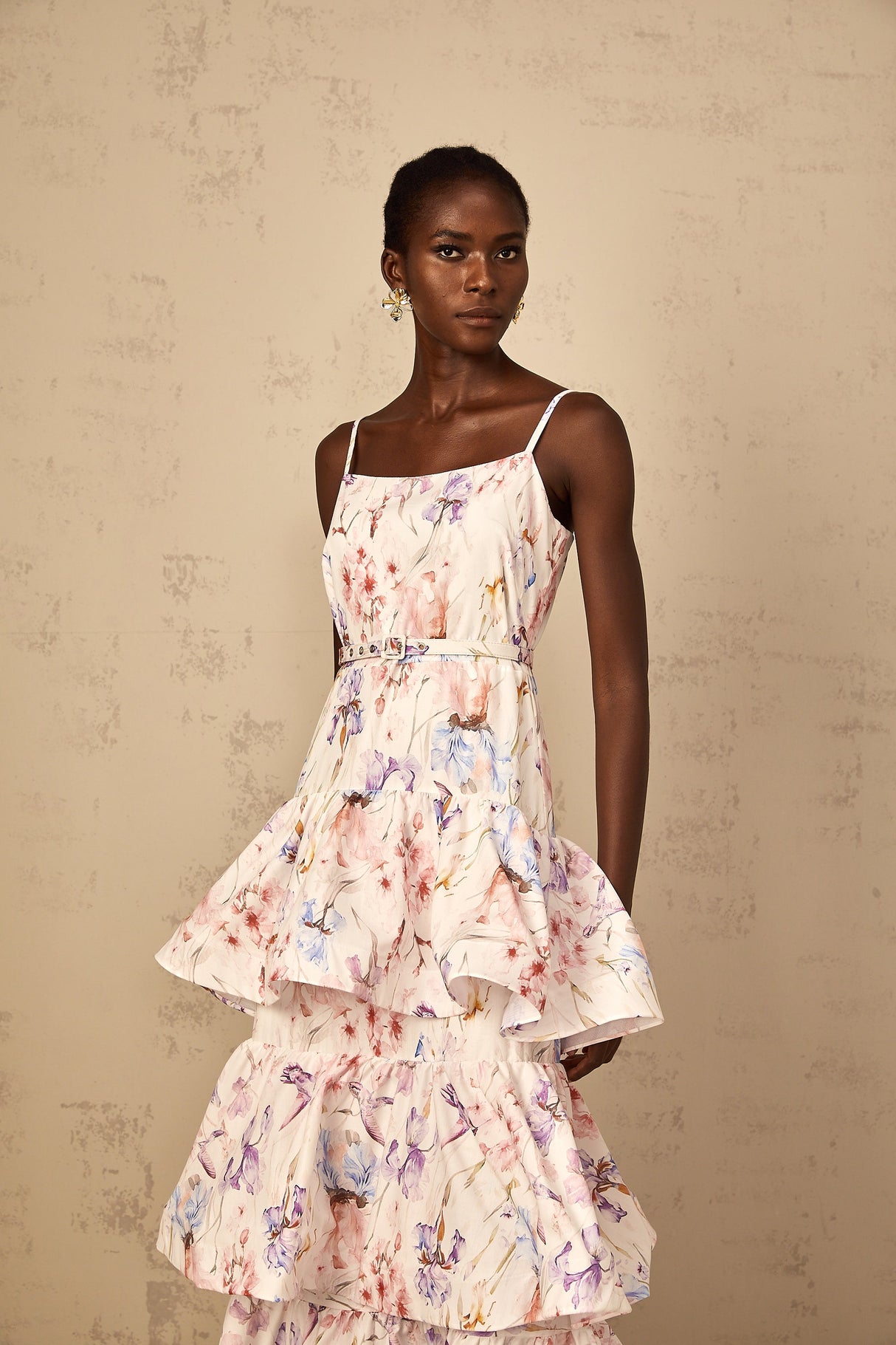 Aurohaya Géraldine White Floral Print Ruffled Tiered Maxi Dress