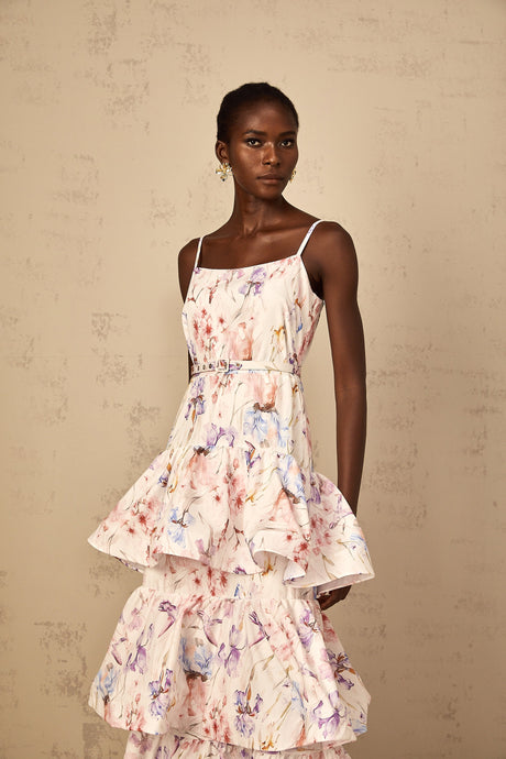 Aurohaya Géraldine White Floral Print Ruffled Tiered Maxi Dress