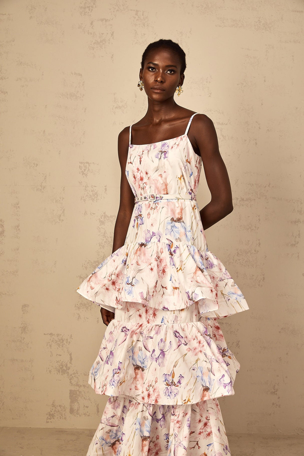 Aurohaya Géraldine White Floral Print Ruffled Tiered Maxi Dress