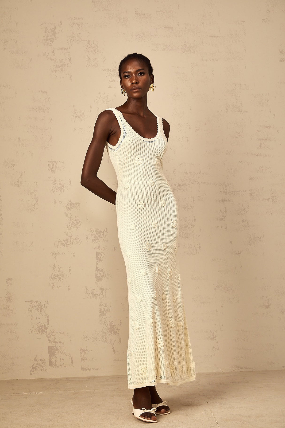 Aurohaya Eléonore Floral Embroidered Crochet Knit Maxi Dress