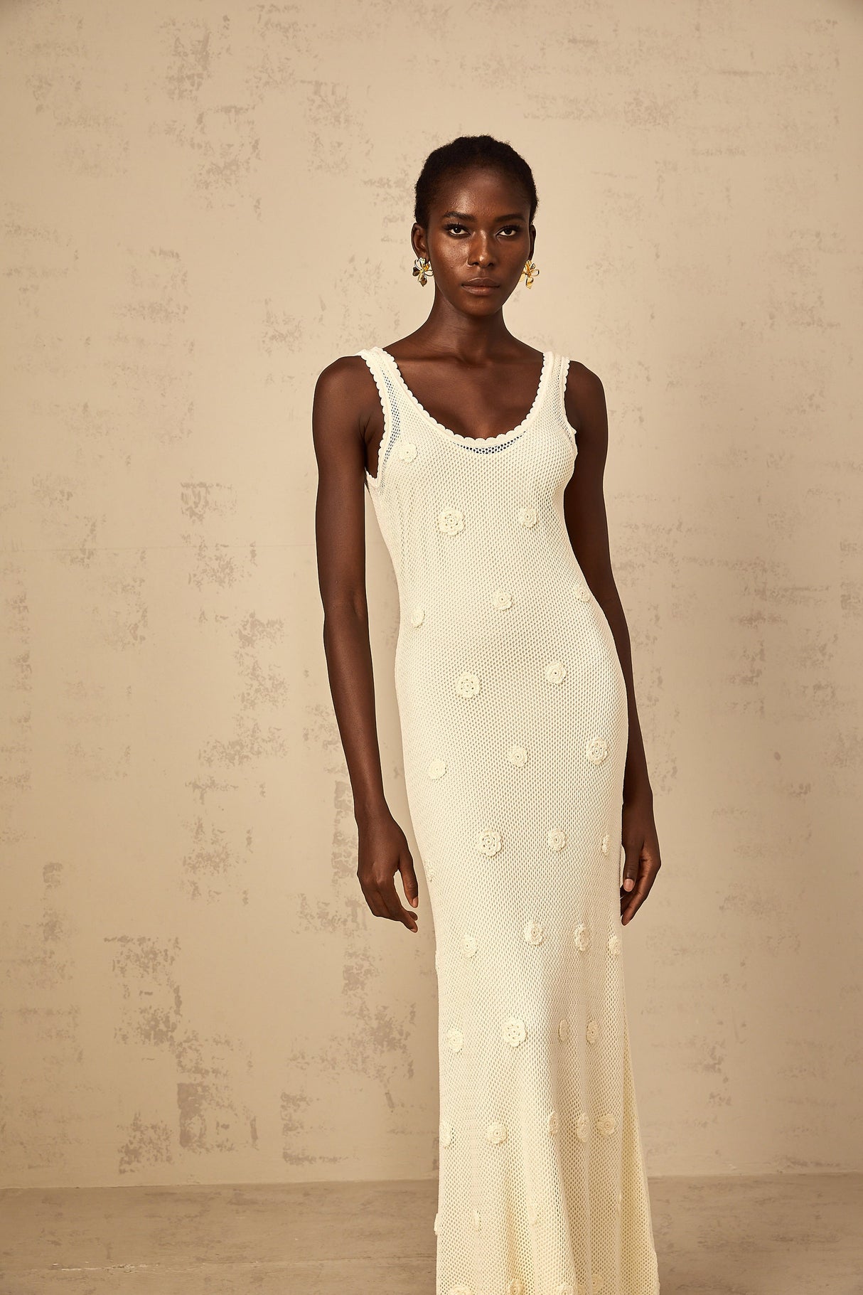 Aurohaya Eléonore Floral Embroidered Crochet Knit Maxi Dress