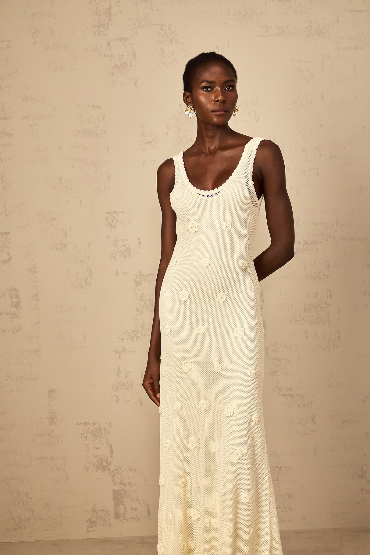 Aurohaya Eléonore Floral Embroidered Crochet Knit Maxi Dress