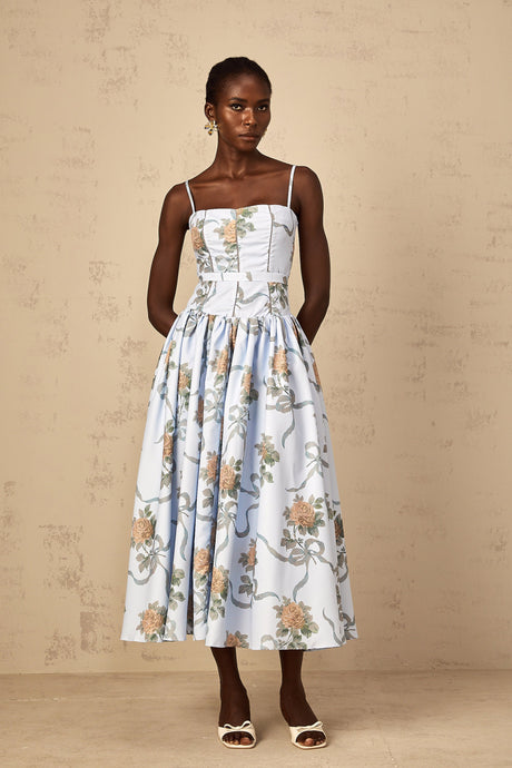 Aurohaya Fleur Blue Floral Print Midi Dress