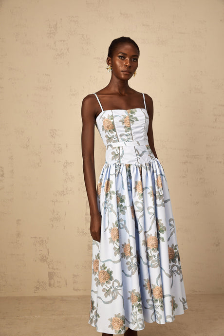 Aurohaya Fleur Blue Floral Print Midi Dress