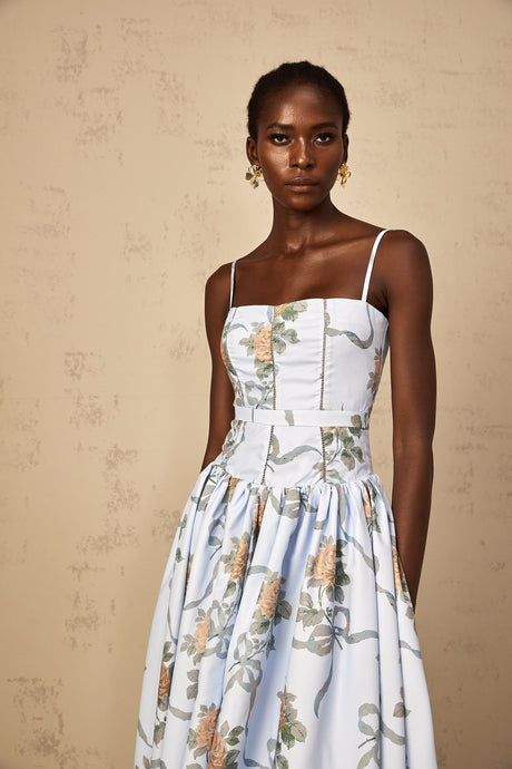 Aurohaya Fleur Blue Floral Print Midi Dress
