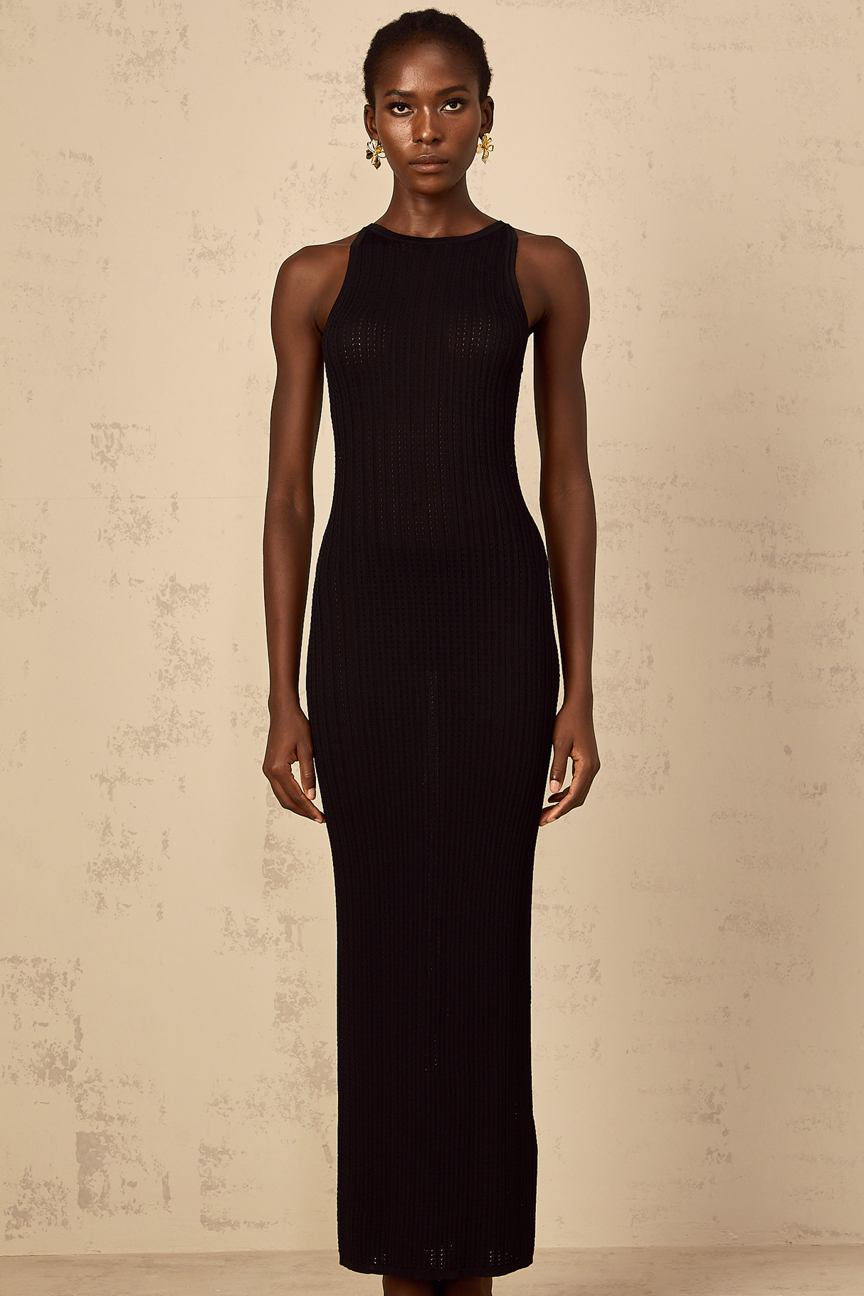 Aurohaya Déotille black fitted ribbed-knit maxi dress