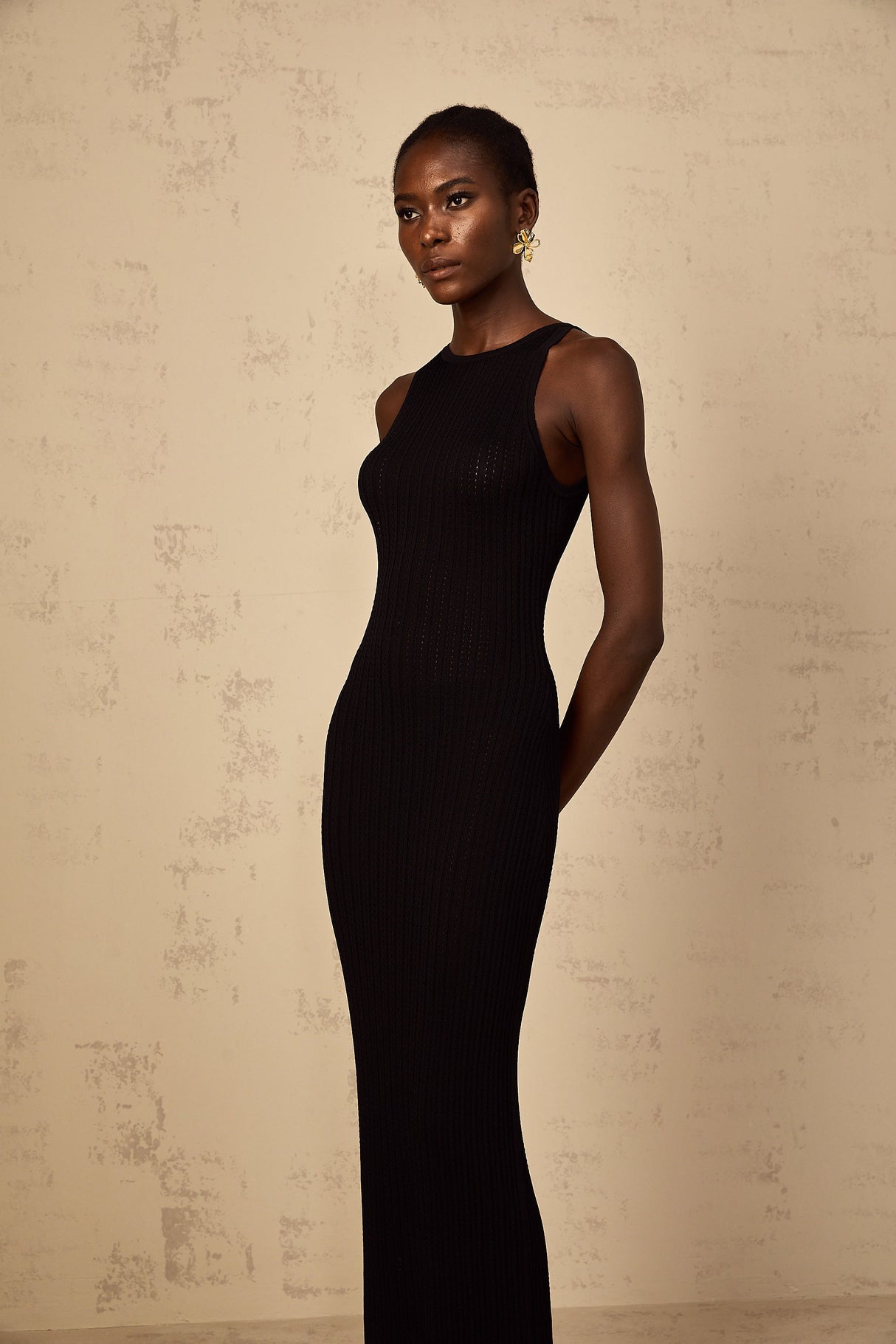 Aurohaya Déotille black fitted ribbed-knit maxi dress