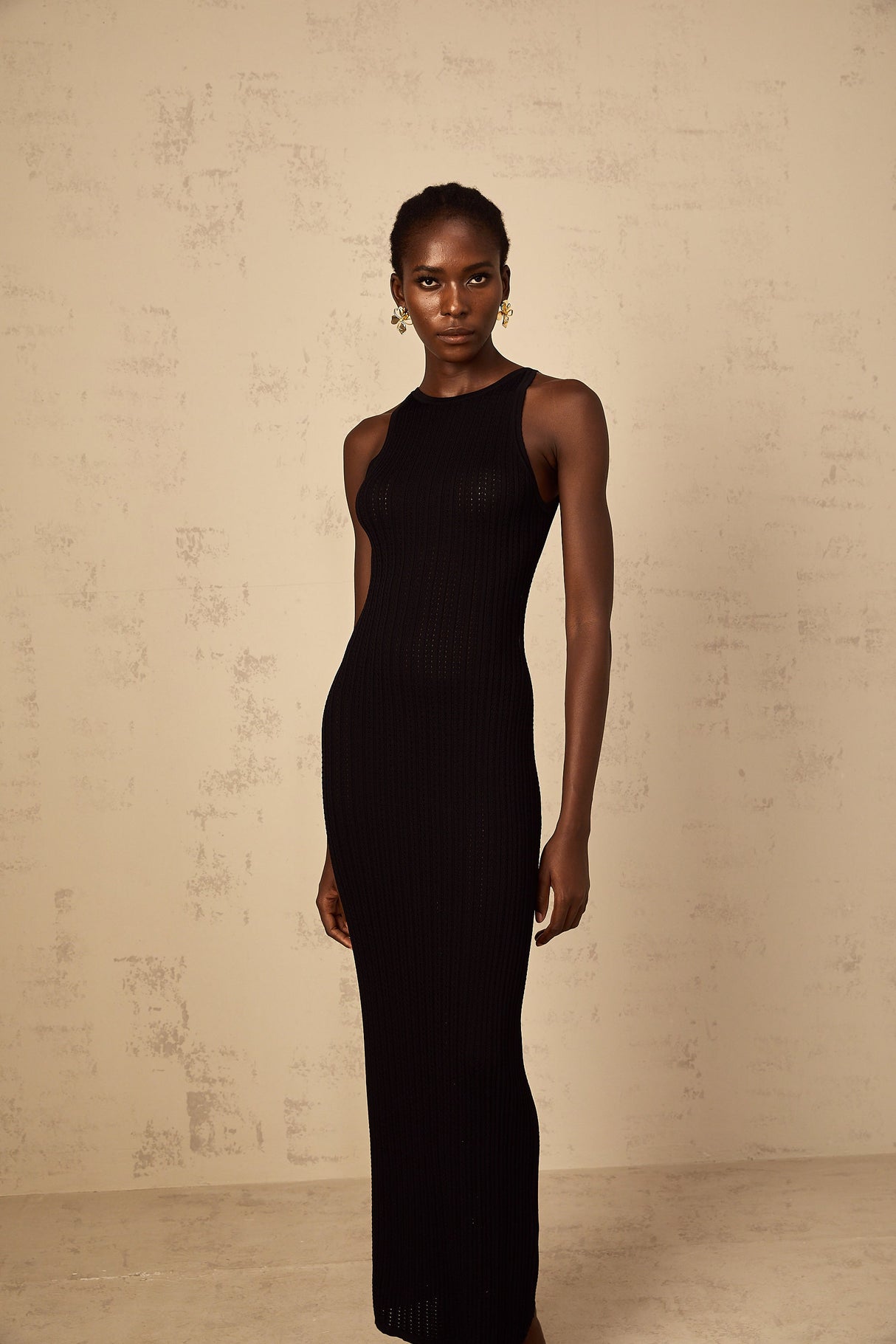 Aurohaya Déotille black fitted ribbed-knit maxi dress