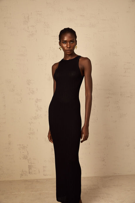 Aurohaya Déotille black fitted ribbed-knit maxi dress