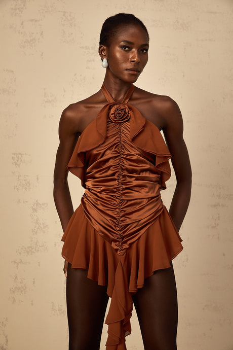 Aurohaya Léonie brown floral-appliqué ruched mini dress