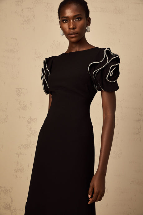 Aurohaya Bruyère Black Ruffled Embellished Maxi Dress