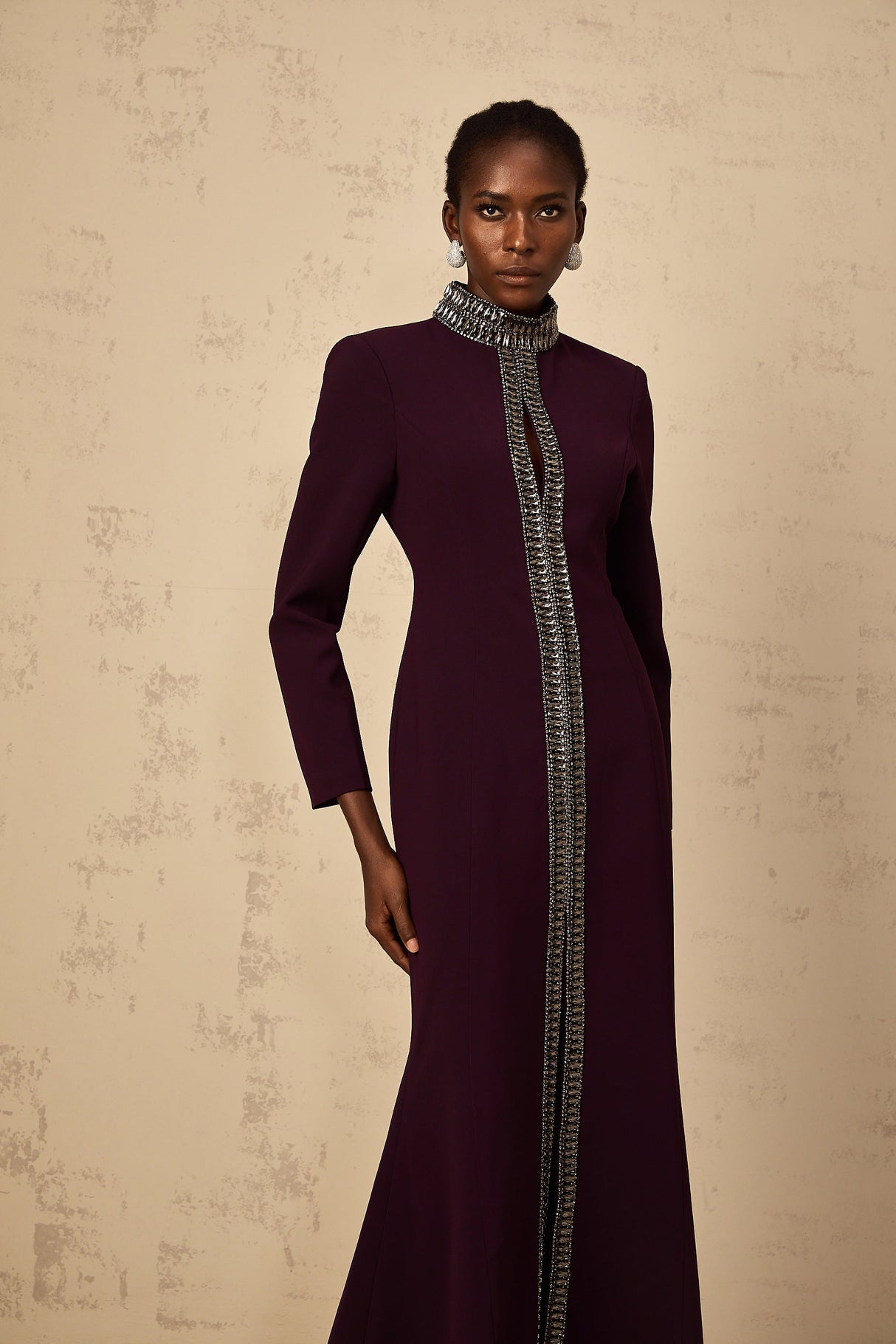 Aurohaya Maëlie Burgundy Embellished Flared Maxi Dress