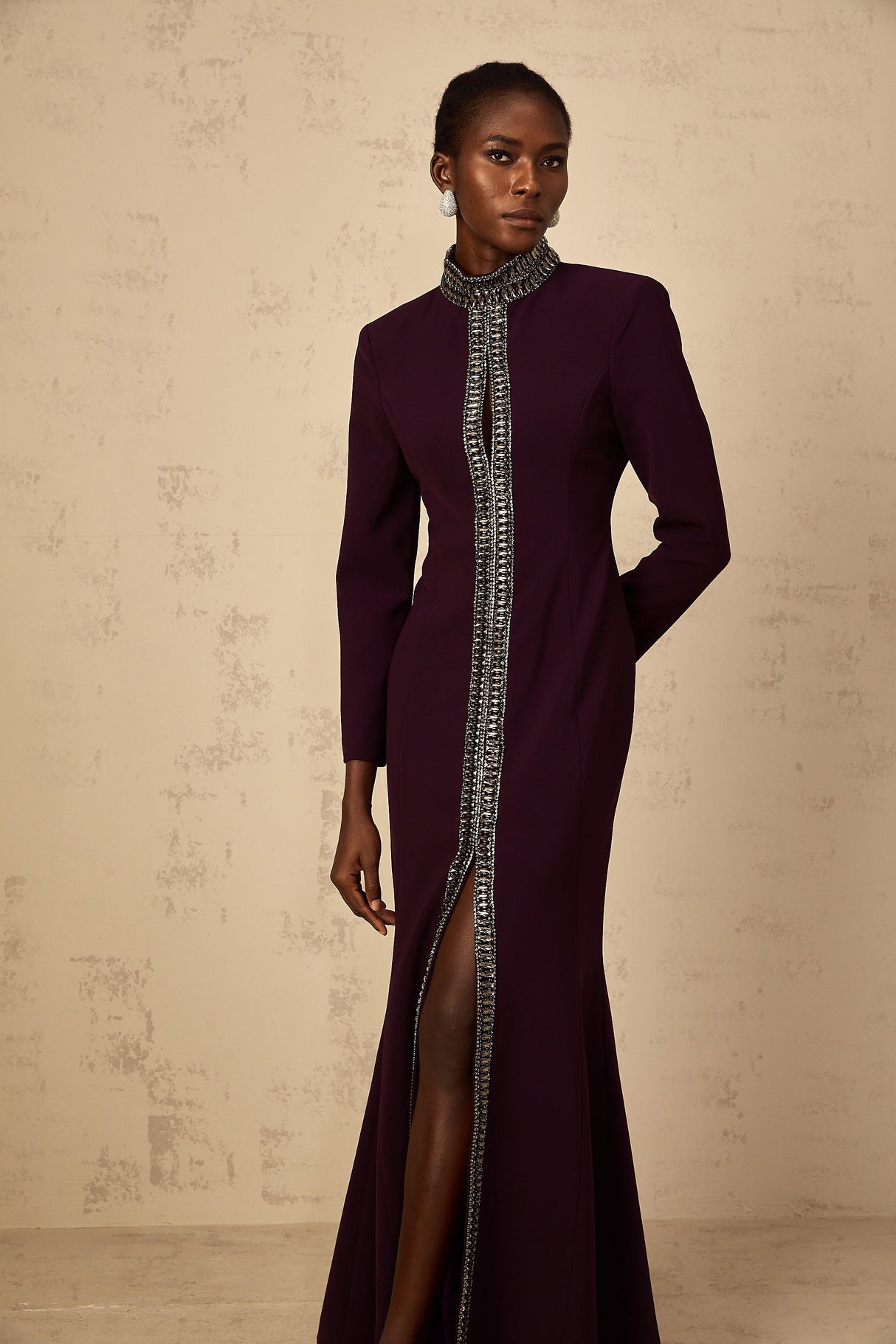 Aurohaya Maëlie Burgundy Embellished Flared Maxi Dress