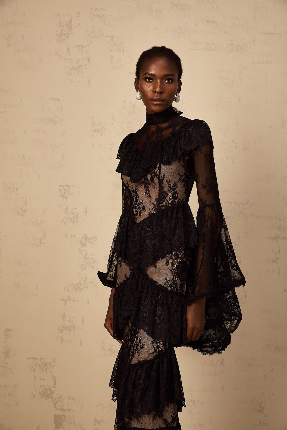Aurohaya Roxane black floral-lace ruffled maxi dress