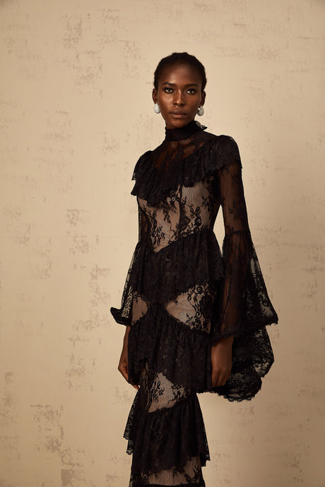 Aurohaya Roxane black floral-lace ruffled maxi dress
