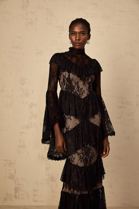Aurohaya Roxane black floral-lace ruffled maxi dress