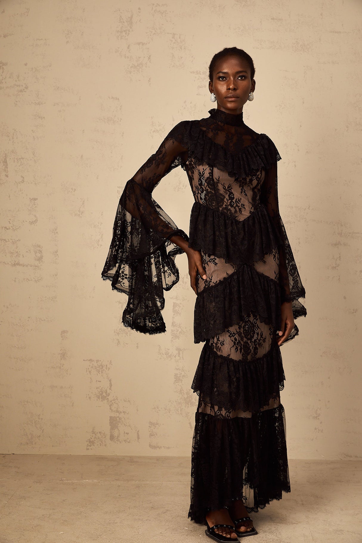 Aurohaya Roxane black floral-lace ruffled maxi dress