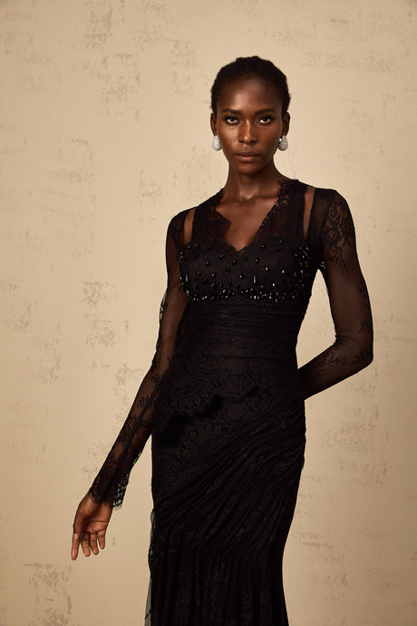 Aurohaya Ursula black floral-lace mermaid maxi dress