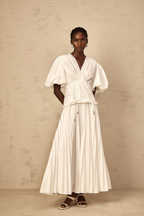 Aurohaya Vienne White Lace-Up Pleated Maxi Dress