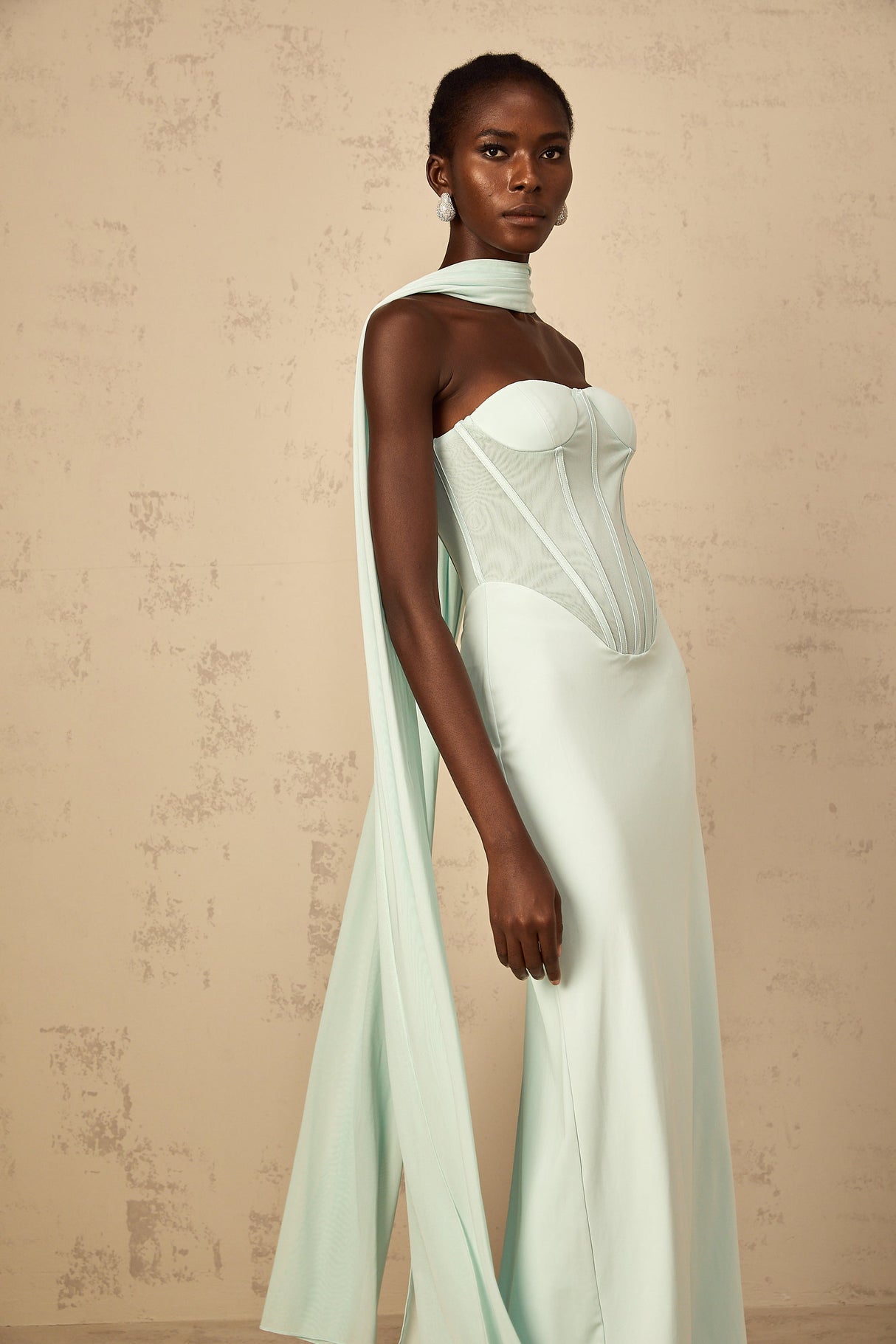 Aurohaya Béryl Tulle Panel Corset Maxi Dress in Mint Green