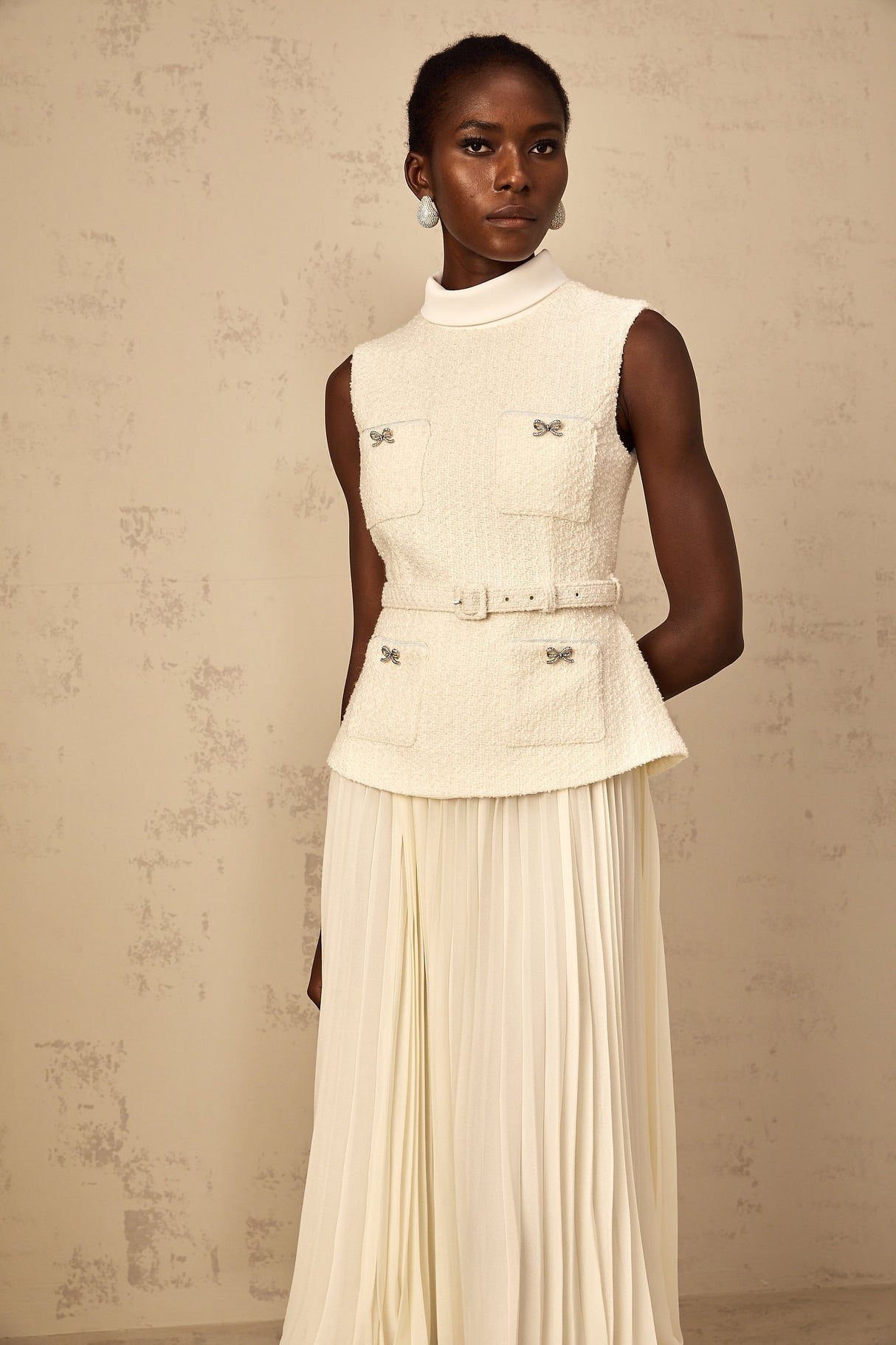 Aurohaya Dulcie Off-White Tulle Panel Tweed Midi Dress