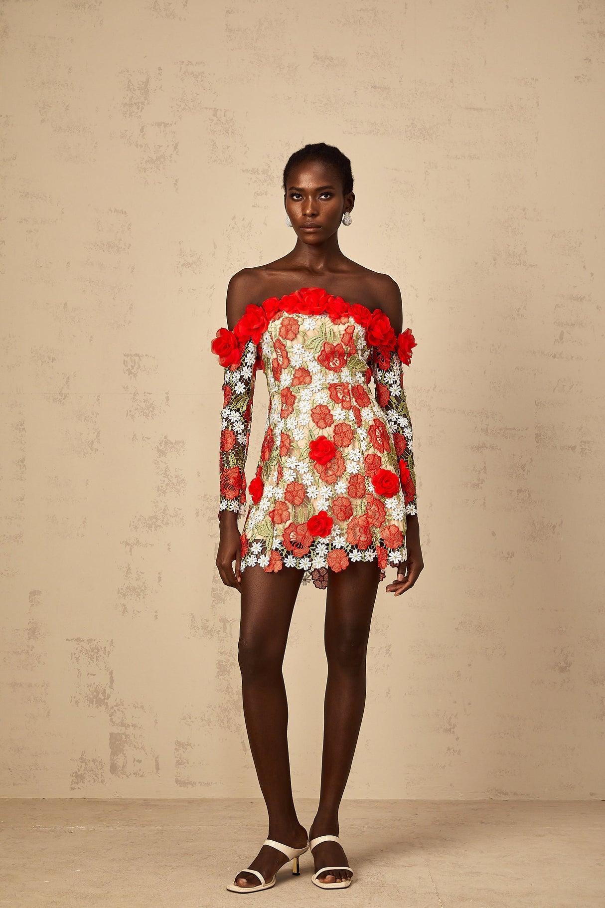 Aurohaya Anaya Red Rose Appliqué Embroidered Mini Dress