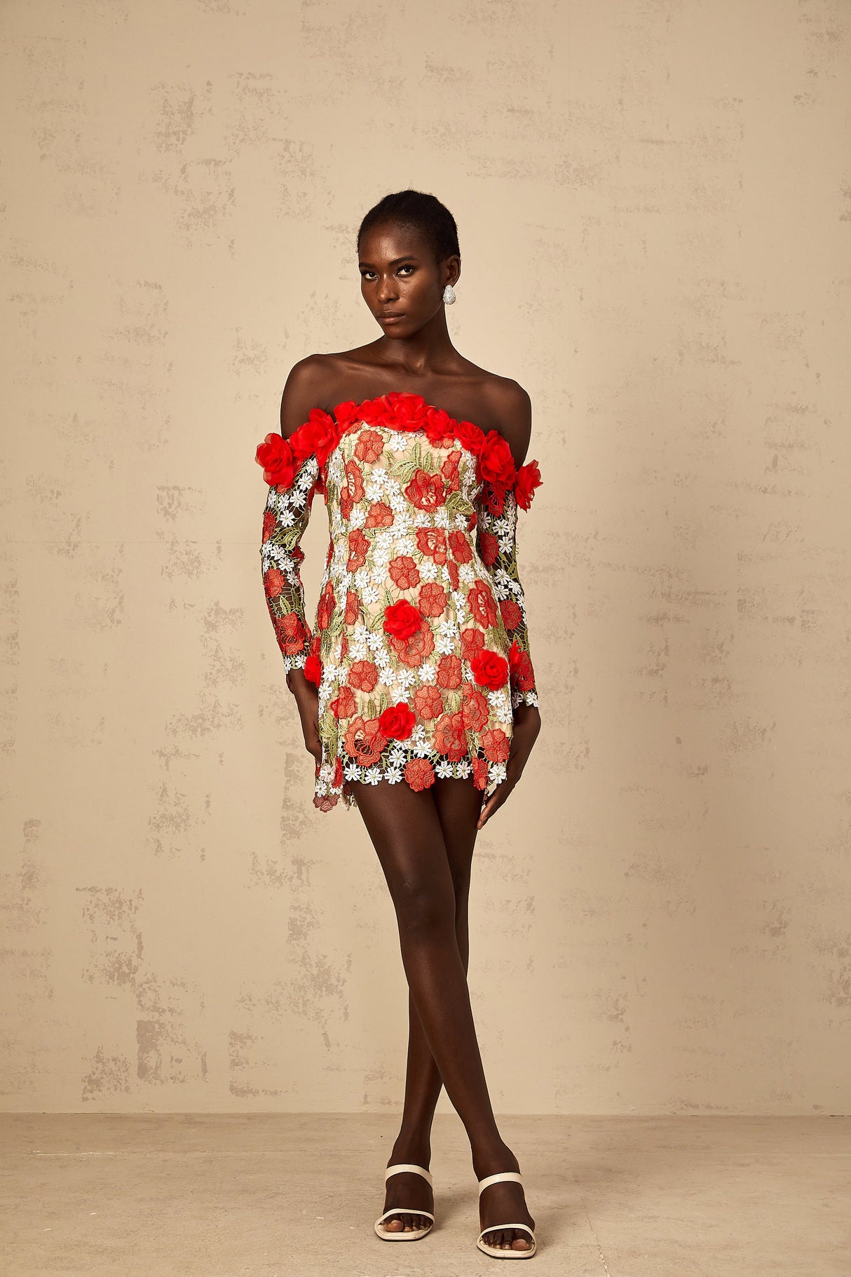 Aurohaya Anaya Red Rose Appliqué Embroidered Mini Dress