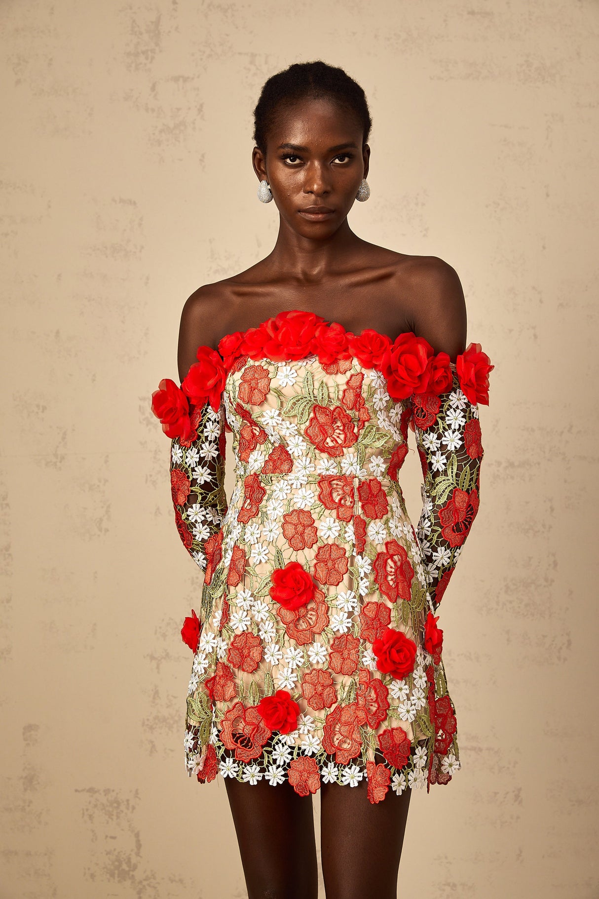 Aurohaya Anaya Red Rose Appliqué Embroidered Mini Dress