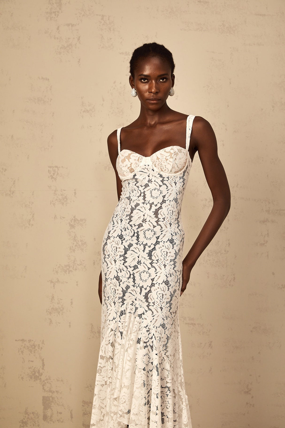 Aurohaya Abbie White Floral Lace Bustier Maxi Dress