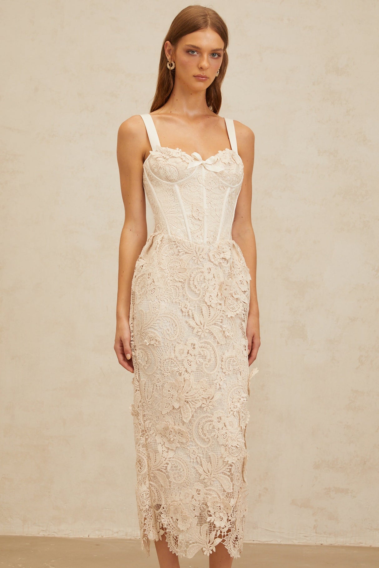 Aurohaya Irène Neutrals Corded Lace Corset Midi Dress