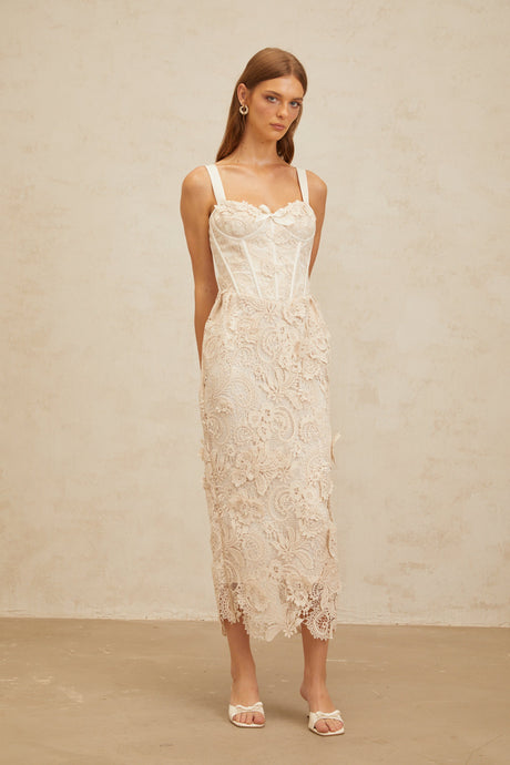 Aurohaya Irène Neutrals Corded Lace Corset Midi Dress