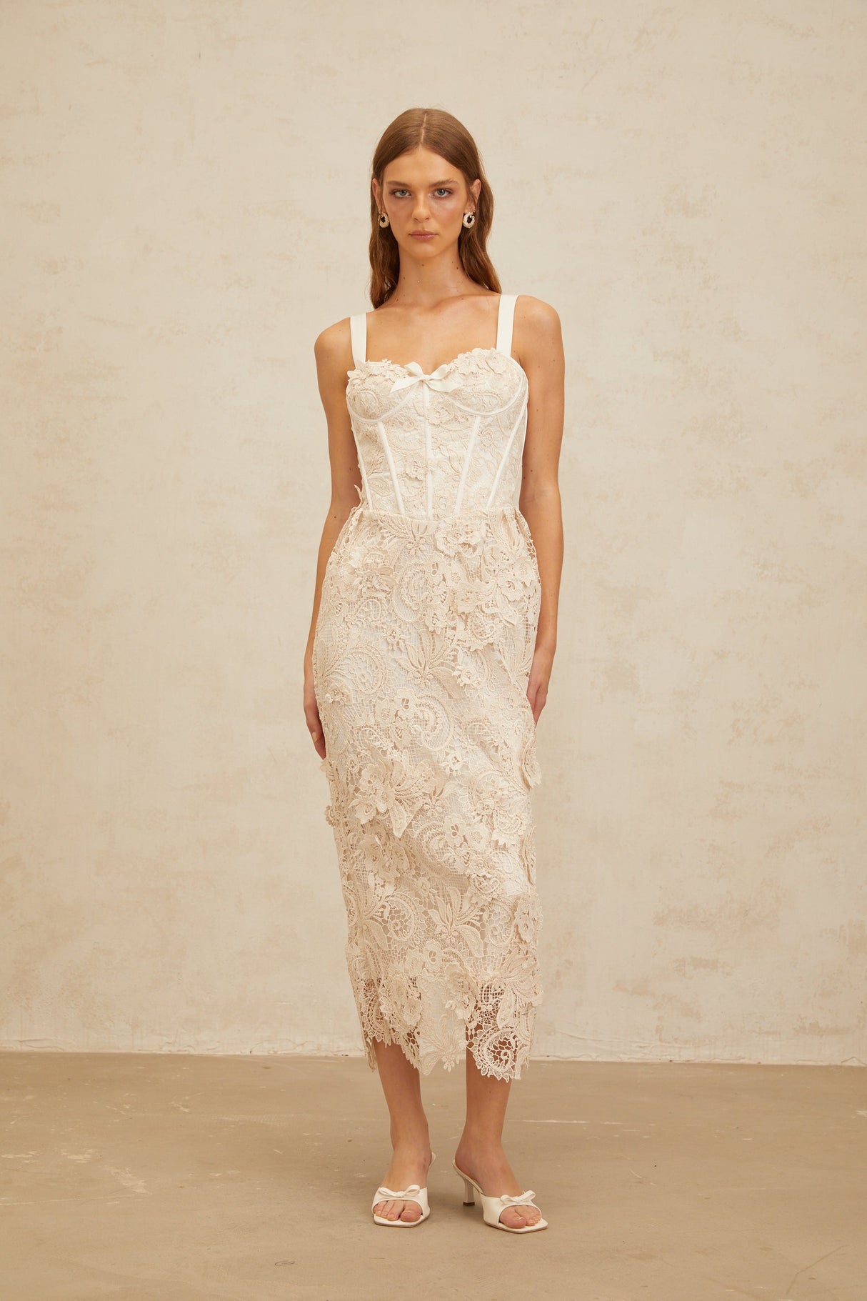 Aurohaya Irène Neutrals Corded Lace Corset Midi Dress