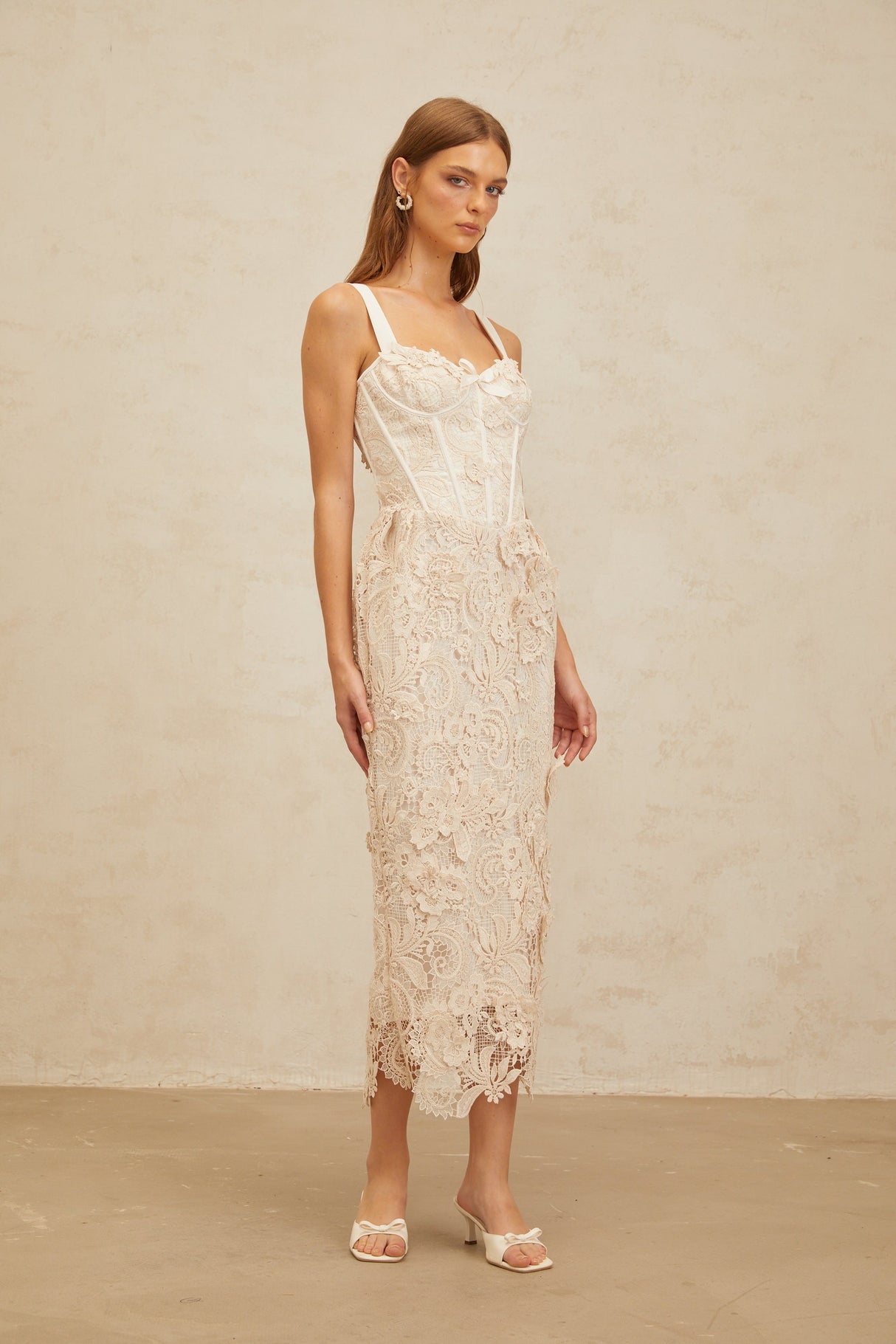 Aurohaya Irène Neutrals Corded Lace Corset Midi Dress