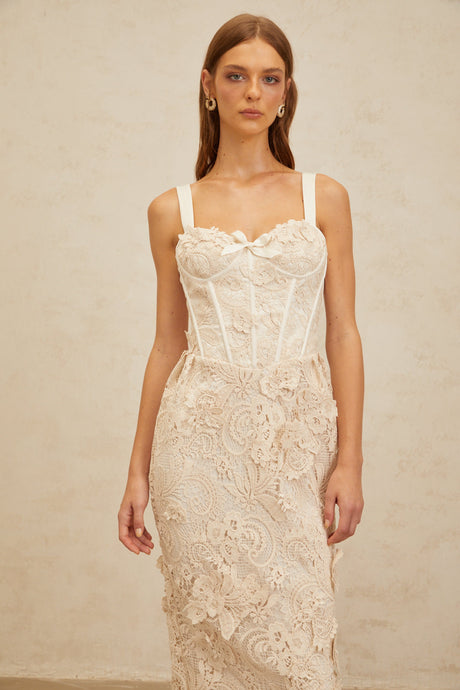 Aurohaya Irène Neutrals Corded Lace Corset Midi Dress