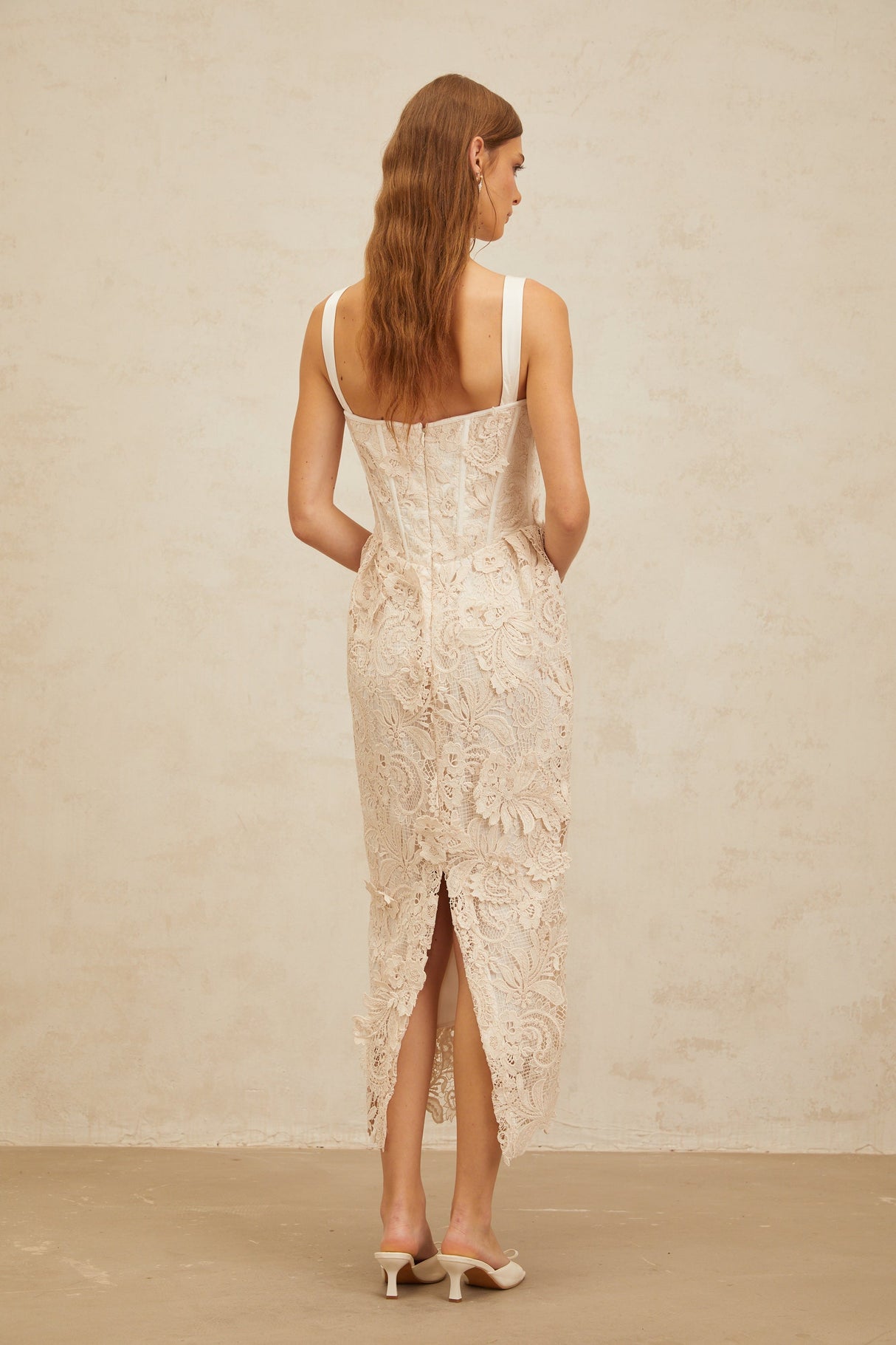 Aurohaya Irène Neutrals Corded Lace Corset Midi Dress