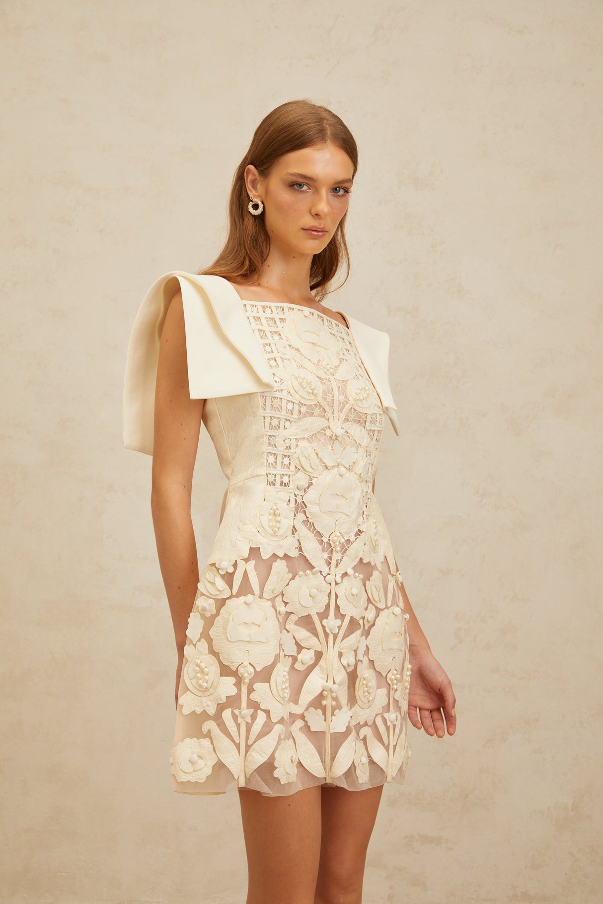 Aurohaya Léa White Floral Appliqué Crochet Mini Dress