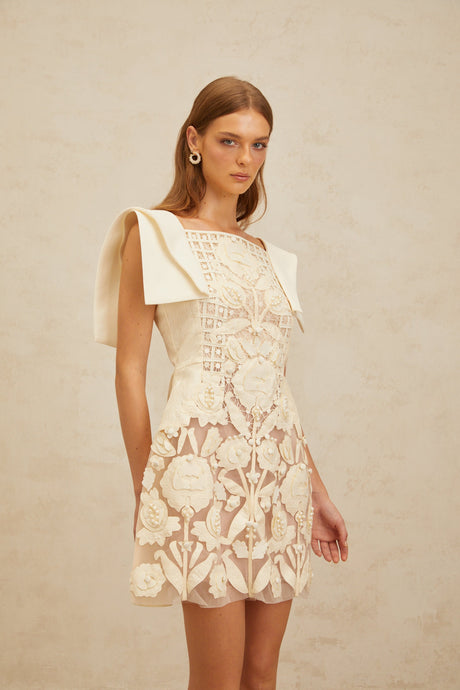 Aurohaya Léa White Floral Appliqué Crochet Mini Dress