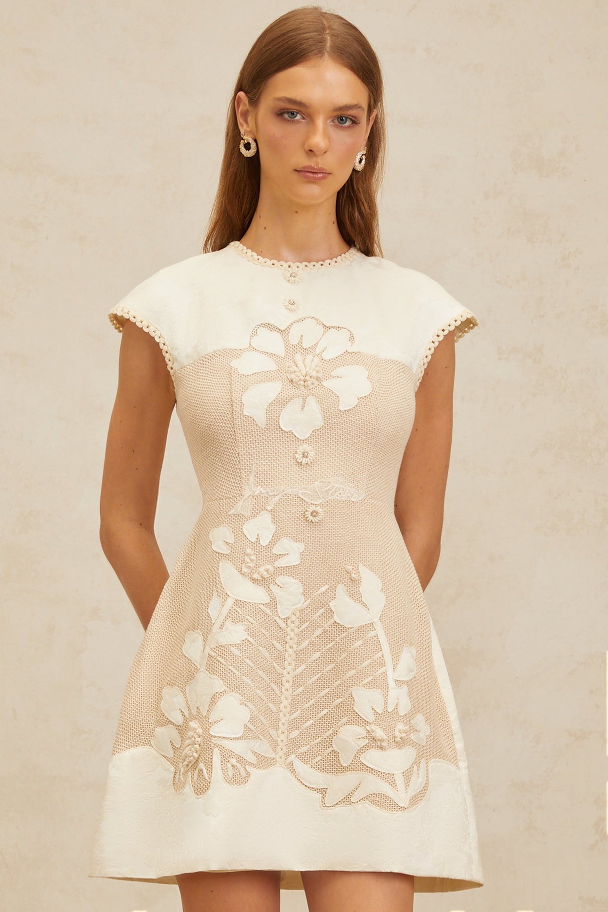 Aurohaya Manon Neutral Floral Embroidered Crochet Mini Dress