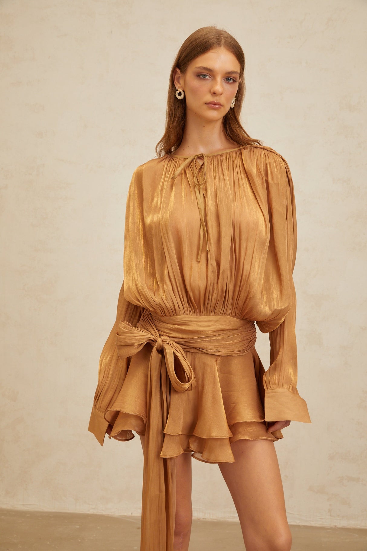 Aurohaya Eugénie Gold Fully Pleated Ruffled Mini Dress