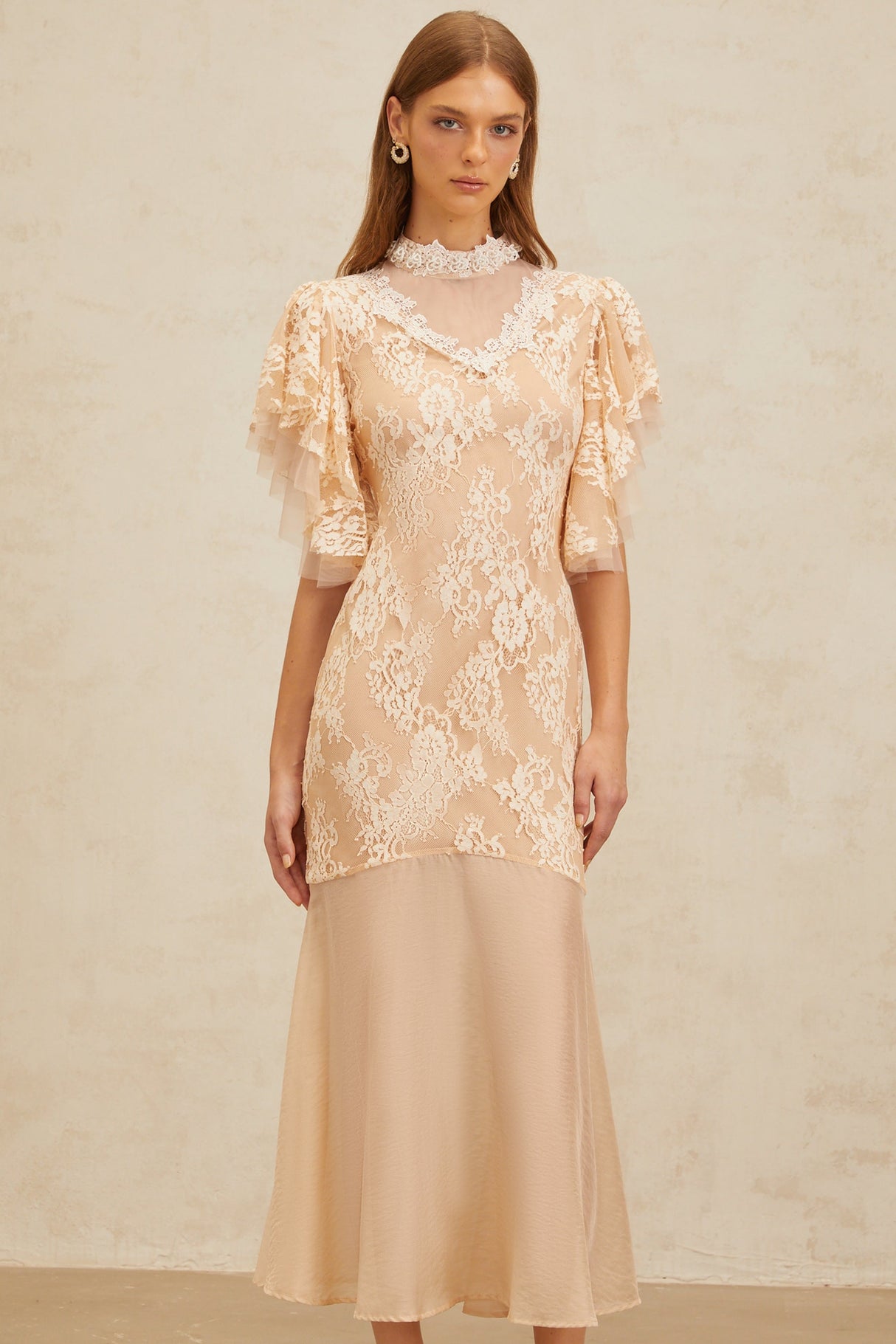 Aurohaya Annabelle Embellished Floral Lace Panelled Midi Dress in Neutrals